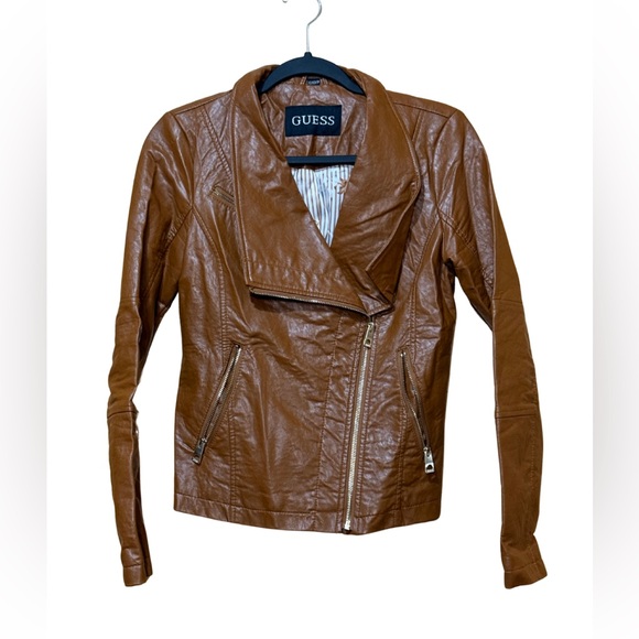 GUESS Faux Leather Moto Jacket Brown XS | Fall Layering Y2K‎ Resort Hamptons - Picture 1 of 15